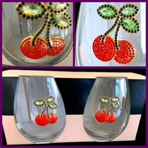2pc Rachel Zoe Cherry Jeweled Rhinestone Stemless Wine Glass Cocktail Set NEW